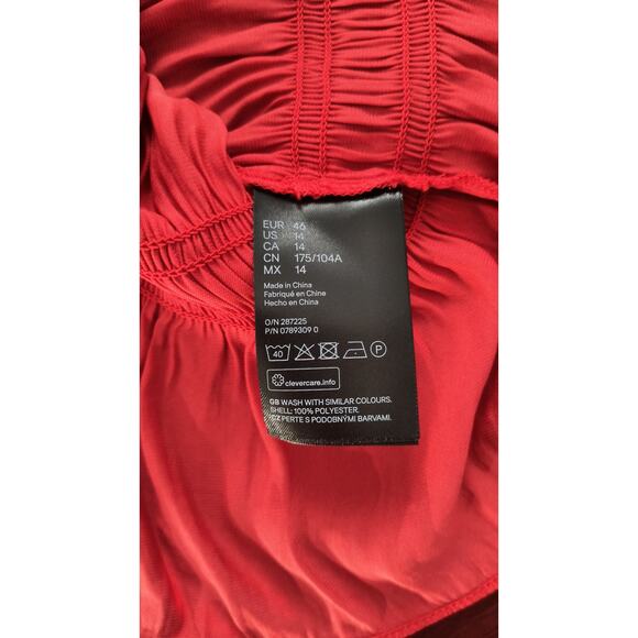 H&M Peasant Blouse Women's Sz 14 Red Long Sleeve Ruffle Shirred Waist Cuffs Top - Picture 6 of 12
